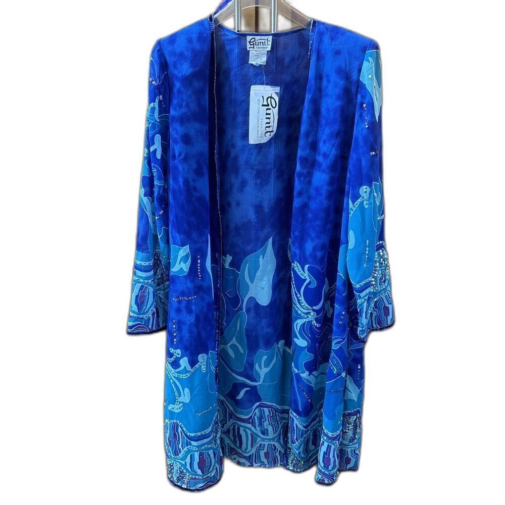 Gunit Fashion Floral Print Duster Women L Cover Up Vintage New Open Sequin Beads